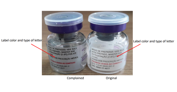 A cor do rótulo e o tipo da letra utilizados na embalagem primária (frasco-ampola) do produto original são diferentes do falsificado