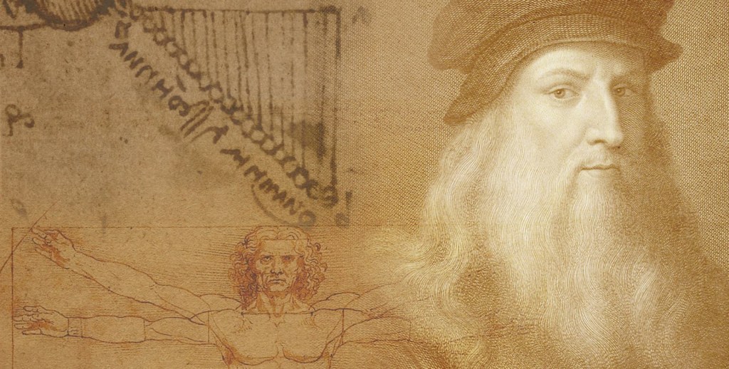 Leonardo, um de seus rabiscos e o desenho do Homem Vitruviano -