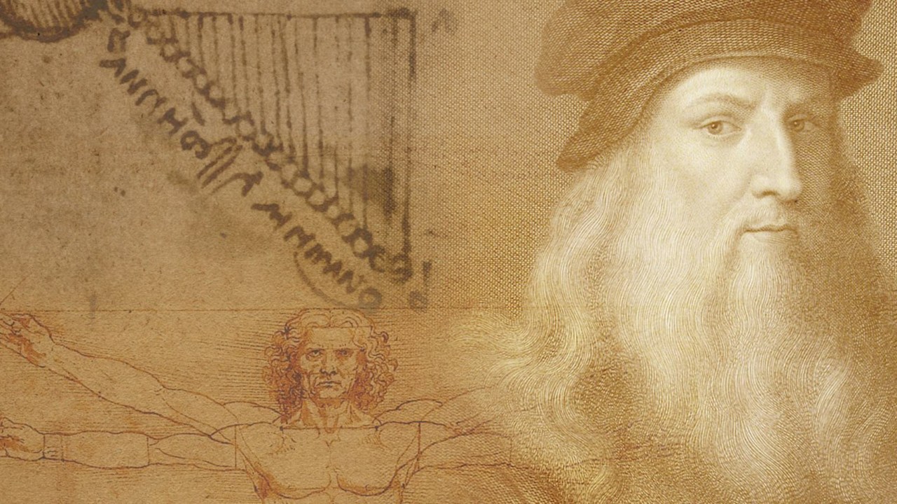 Leonardo, um de seus rabiscos e o desenho do Homem Vitruviano -