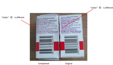 A “letra c” em uma das faces da embalagem secundária é diferente no produto falsificado