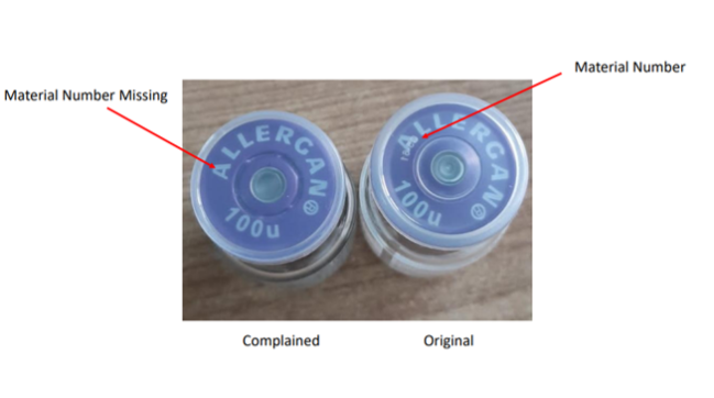 No produto original há um número do material de embalagem da tampa, que está ausente no produto falsificado