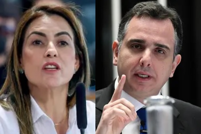 A senadora Soraya Thronicke (União-MS) e o presidente do Senado, Rodrigo Pacheco (PSD-MG)