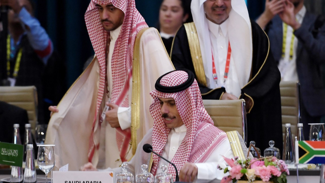 Saudi Arabia's Foreign Minister Prince Faisal bin Farhan Al-Saud attends the G20 foreign ministers' meeting in New Delhi on March 2, 2023. (Photo by OLIVIER DOULIERY / POOL / AFP)