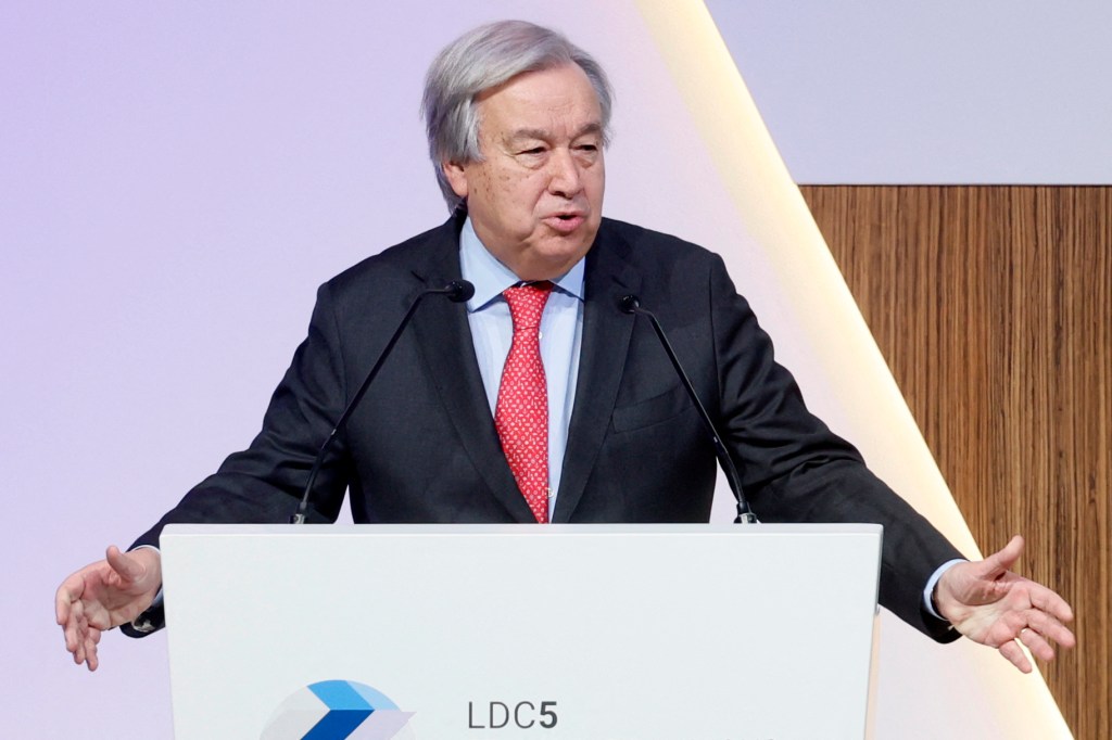 Secretary-General of the United Nations (UN) Antonio Guterres speaks during the 5th Conference on the Least Developed Countries (LDC5) speaks at fifth United Nations Conference on the Least Developed Countries (LDC5)in Doha, on March 5, 2023. - Leaders from nations mired in a worsening poverty trap will make a new plea for assistance at the summit, battling for world attention against rival disasters. (Photo by KARIM JAAFAR / AFP)
