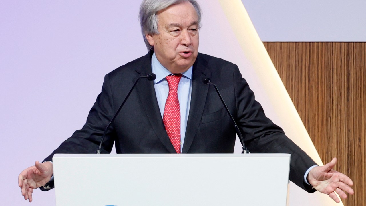 Secretary-General of the United Nations (UN) Antonio Guterres speaks during the 5th Conference on the Least Developed Countries (LDC5) speaks at fifth United Nations Conference on the Least Developed Countries (LDC5)in Doha, on March 5, 2023. - Leaders from nations mired in a worsening poverty trap will make a new plea for assistance at the summit, battling for world attention against rival disasters. (Photo by KARIM JAAFAR / AFP)