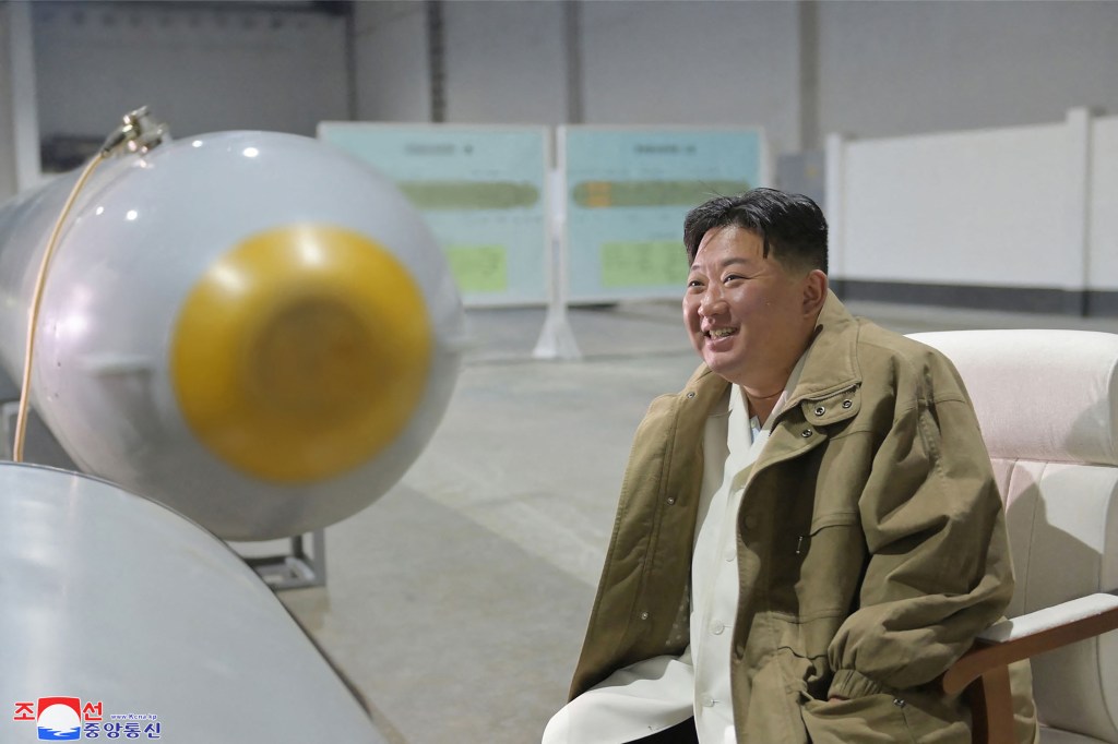 This undated picture taken from the period of March 21 to 23, 2023 and released by North Korea's official Korean Central News Agency (KCNA) on March 24, 2023 shows North Korean leader Kim Jong Un inspecting the underwater nuclear strategic attack weapon system "Haeil" at an undisclosed place in North Korea. (Photo by KCNA VIA KNS / AFP) / South Korea OUT / ---EDITORS NOTE--- RESTRICTED TO EDITORIAL USE - MANDATORY CREDIT "AFP PHOTO/KCNA VIA KNS" - NO MARKETING NO ADVERTISING CAMPAIGNS - DISTRIBUTED AS A SERVICE TO CLIENTS / THIS PICTURE WAS MADE AVAILABLE BY A THIRD PARTY. AFP CAN NOT INDEPENDENTLY VERIFY THE AUTHENTICITY, LOCATION, DATE AND CONTENT OF THIS IMAGE --- /