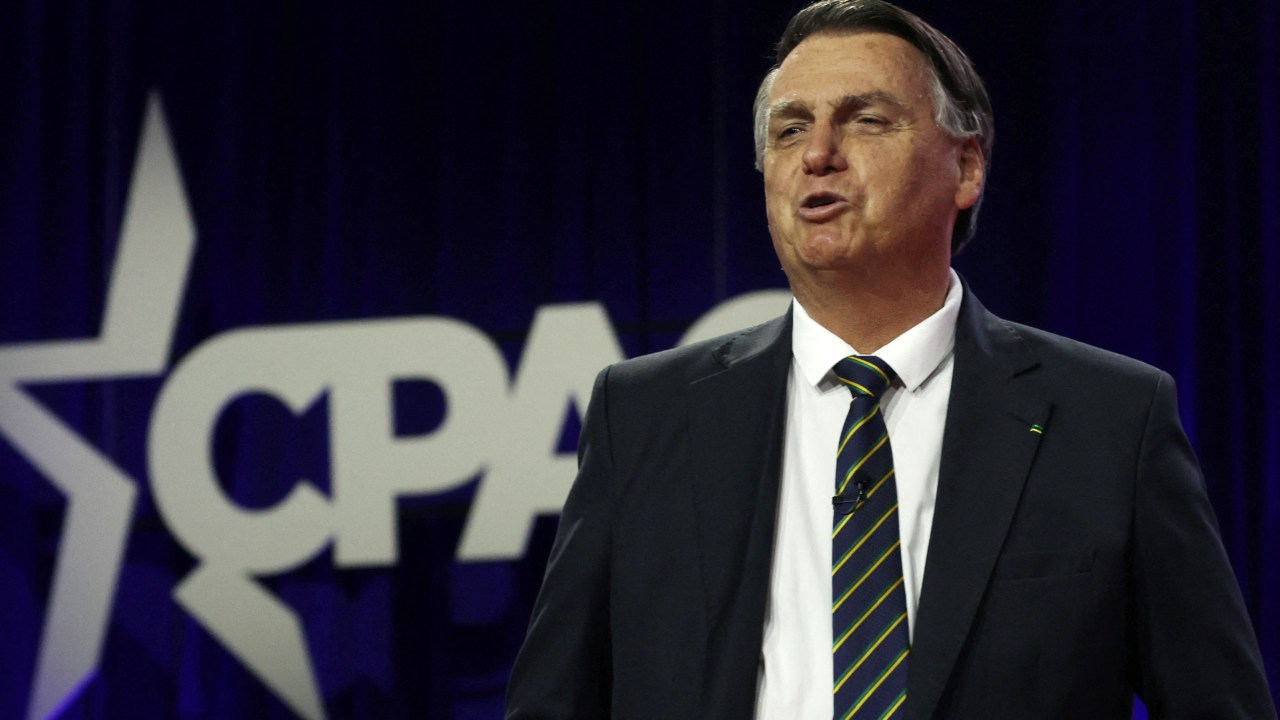 NATIONAL HARBOR, MARYLAND - MARCH 04: Former President of Brazil Jair Bolsonaro speaks during the annual Conservative Political Action Conference (CPAC) at Gaylord National Resort & Convention Center on March 4, 2023 in National Harbor, Maryland. Former President Donald Trump will address the event this afternoon. Alex Wong/Getty Images/AFP (Photo by ALEX WONG / GETTY IMAGES NORTH AMERICA / Getty Images via AFP)