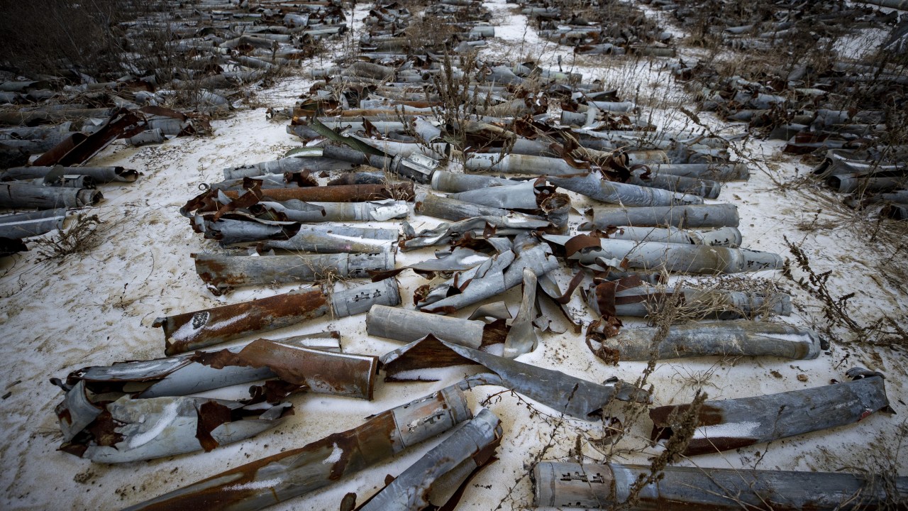KHARKIV, UKRAINE - JANUARY 14: A view of missile remnants after Russian air strikes collected and piled up by the State Emergency Service of Ukraine in Kharkiv, Ukraine on January 14, 2023. (Photo by Mustafa Ciftci/Anadolu Agency via Getty Images)