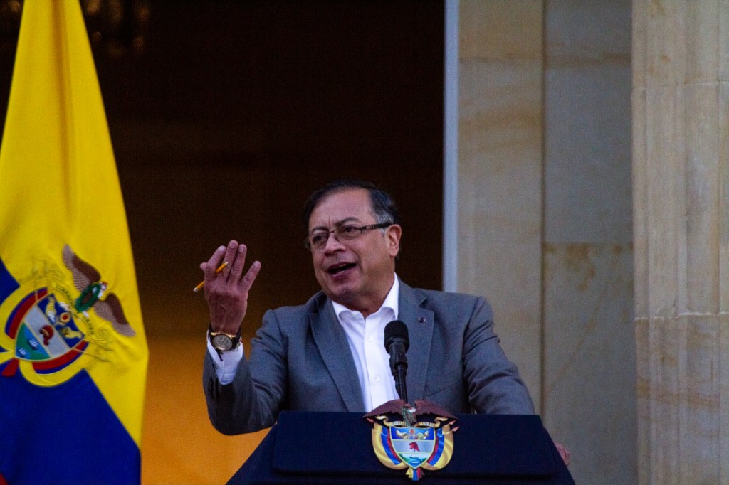 Colombia's president Gustavo Petro speaks during an event presenting a bill to reform Colombia's healthcare system, in a public act at Narino's Presidential Palace in Bogota, Colombia on February 13, 2023. (Photo by Sebastian Barros/NurPhoto via Getty Images)