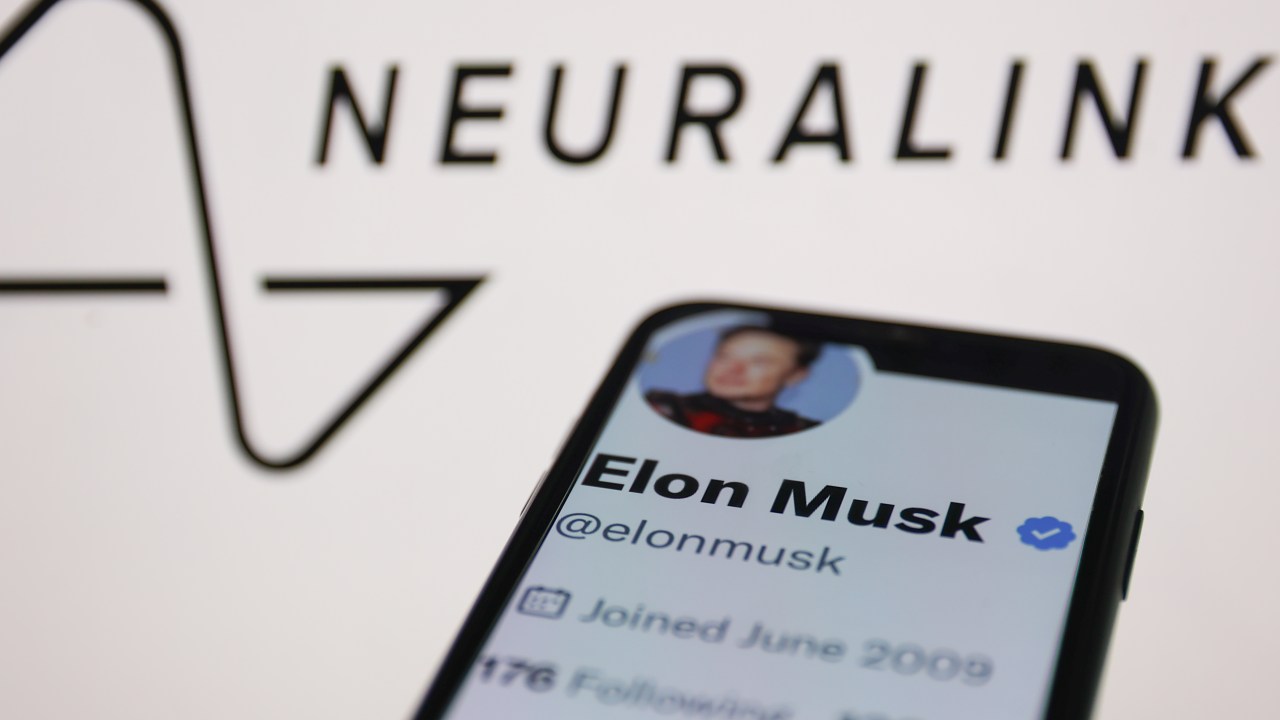 Elon Musk account on Twitter and Neuralink emblem displayed on a screen in the bacground are seen in this illustration photo taken in Krakow, Poland on February 14, 2023 (Photo by Jakub Porzycki/NurPhoto via Getty Images)