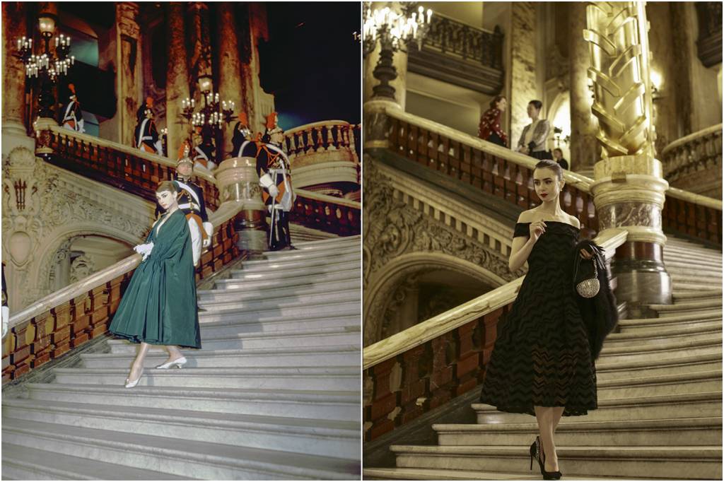 INSPIRAÇÃO - O original, à esquerda, dos anos 1950, e a homenagem: espelho da personagem da série Emily em Paris