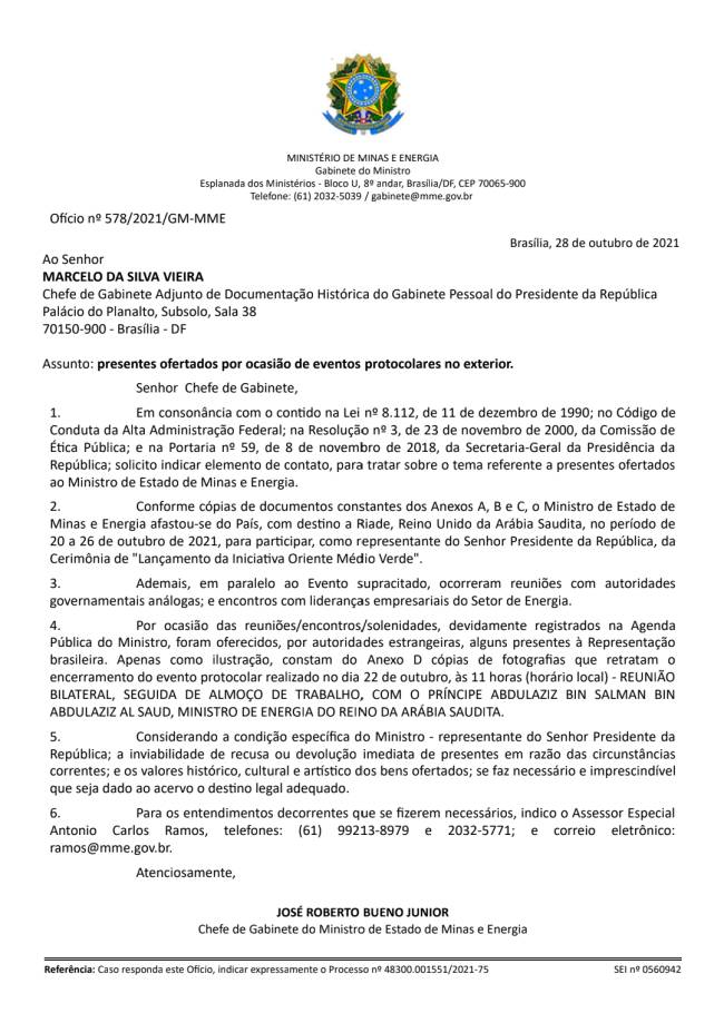 Ofício MME Documento enviado pelo MME à Presidência