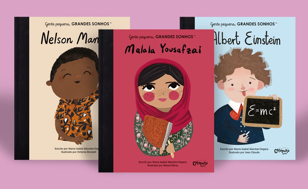 Capas dos novos livros da coleção “Gente Pequena, Grandes Sonhos”, sobre Albert Einstein, Malala Yousafzai e Nelson Mandela