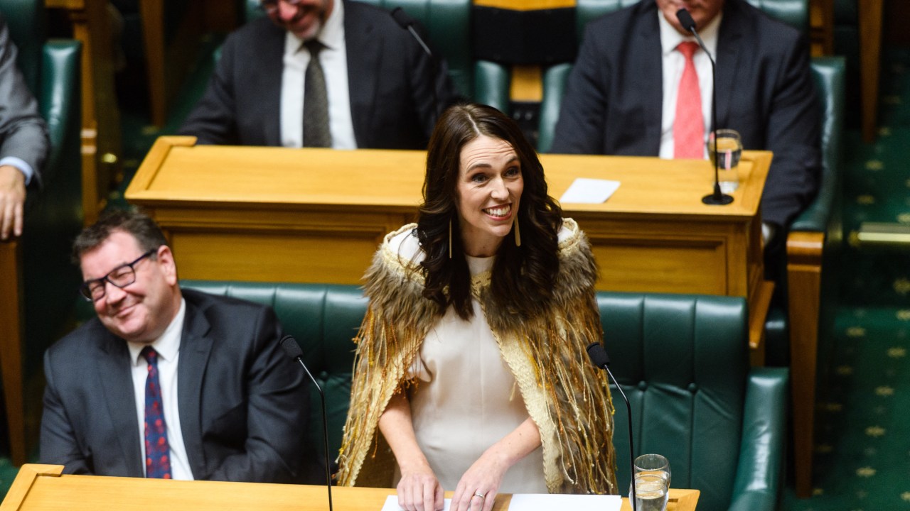 Outgoing New Zealand prime minister Jacinda Ardern gives her valedictory speech in parliament in Wellington on April 5, 2023. (Photo by Mark Coote / AFP)