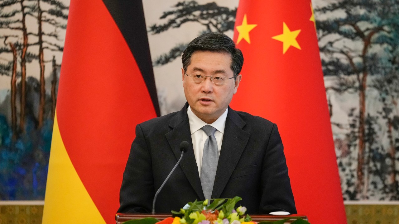Chinese Foreign Minister Qin Gang attends a joint press conference with Germany's Foreign Minister Annalena Baerbock at the Diaoyutai State Guesthouse in Beijing on April 14, 2023. (Photo by Suo Takekuma / POOL / AFP)