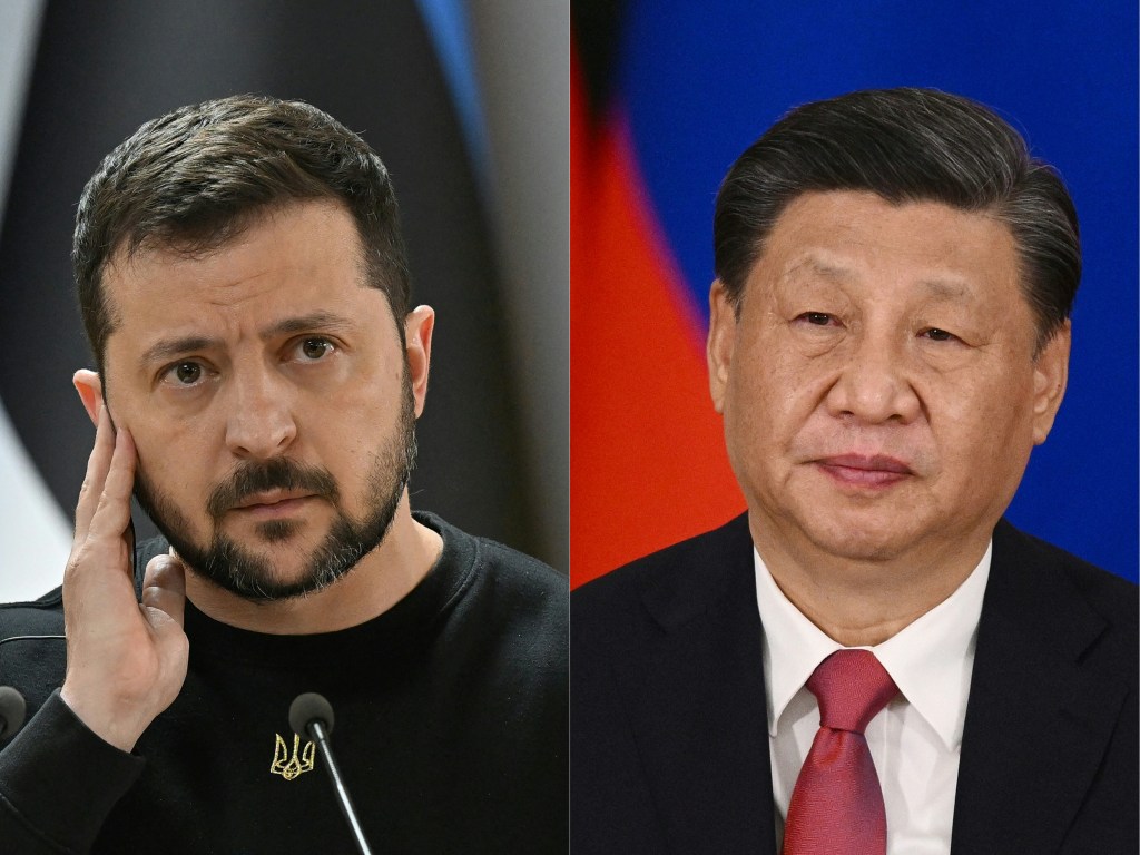 (COMBO) This combination of pictures created on April 26, 2023 shows Ukrainian President Volodymyr Zelensky (L) listening during a joint press conference with Estonian Prime Minister after their meeting in Zhytomyr on April 24, 2023, amid the Russian invasion of Ukraine and China's President Xi Jinping (R) attending a signing ceremony with his Russian counterpart following their talks at the Kremlin in Moscow on March 21, 2023. - Ukrainian President Volodymyr Zelensky appointed a new ambassador to Beijing on April 26, 2023 after his first call with Chinese leader Xi Jinping since Moscow's invasion. Pavel Ryabikin, who previously headed the ministry of strategic industries of Ukraine, was named Kyiv's new envoy to China, according to a decree on the presidency's website. Ukraine has not had an ambassador to China since February 2021. (Photo by Genya SAVILOV and Vladimir ASTAPKOVICH / various sources / AFP)
