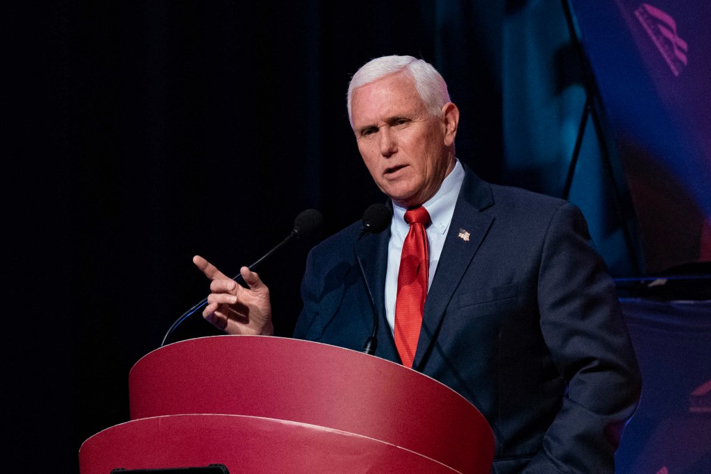 Former US Vice President Mike Pence speaks about "Saving America from the Woke Left," at the University of North Carolina Chapel Hill in Chapel Hill, North Carolina, on April 26, 2023. (Photo by Allison Joyce / AFP)