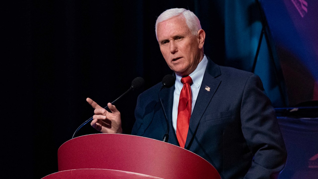 Former US Vice President Mike Pence speaks about "Saving America from the Woke Left," at the University of North Carolina Chapel Hill in Chapel Hill, North Carolina, on April 26, 2023. (Photo by Allison Joyce / AFP)