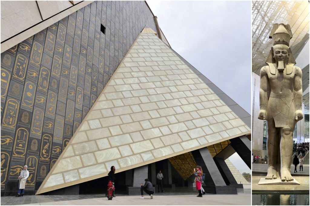 COLOSSO - Fachada em forma de pirâmide (à esq.) e a magnífica escultura de Ramsés II instalada no átrio central: milhares de objetos foram recuperados