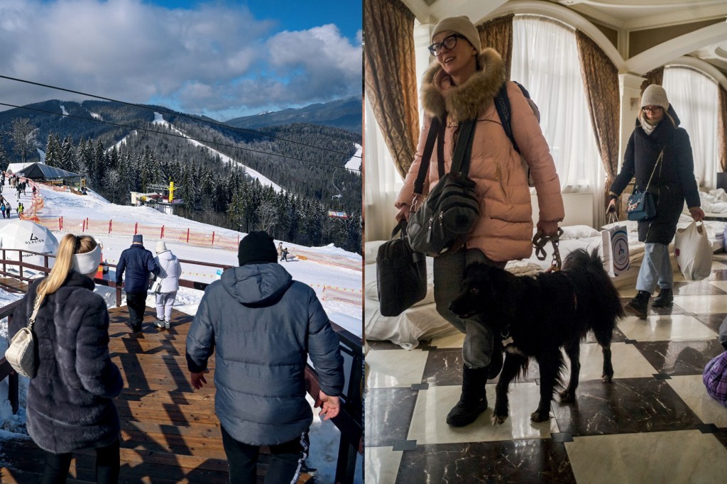 EM ATIVIDADE - Opostos: Resort em Bukovel, ao sul de Kiev (à esq.), e refugiados em hotel de Lviv