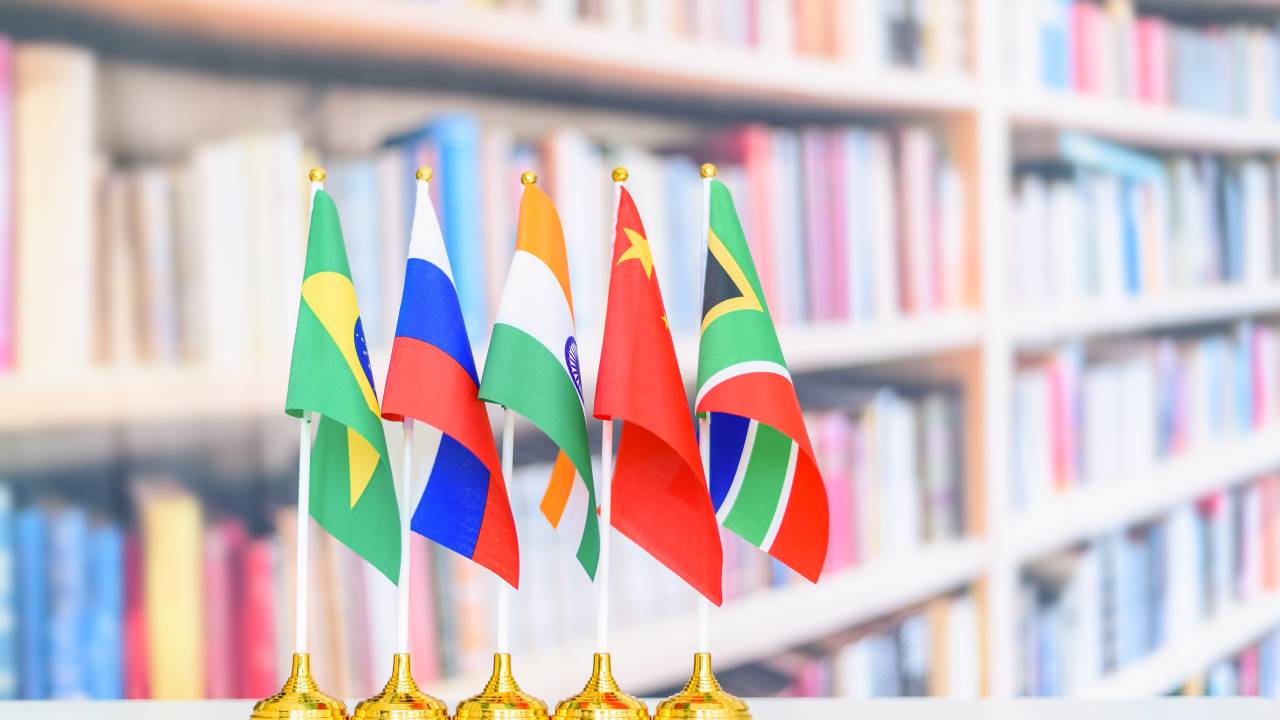 BRICS economy and policies concept : Flags of BRICS or group of five major emerging national economy i.e Brazil, Russia, India, China, South Africa. BRICS members are all leading developing countries.