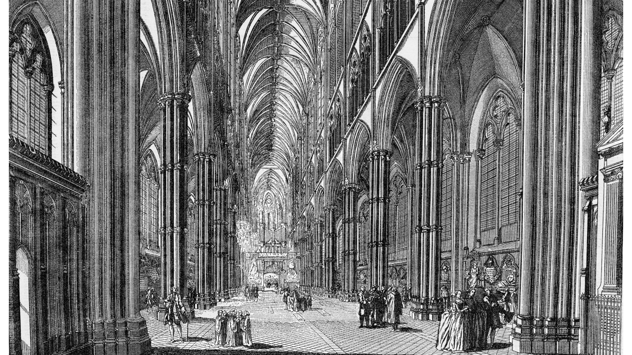 Old engraved illustration of interior of Westminster Abbey, London, England