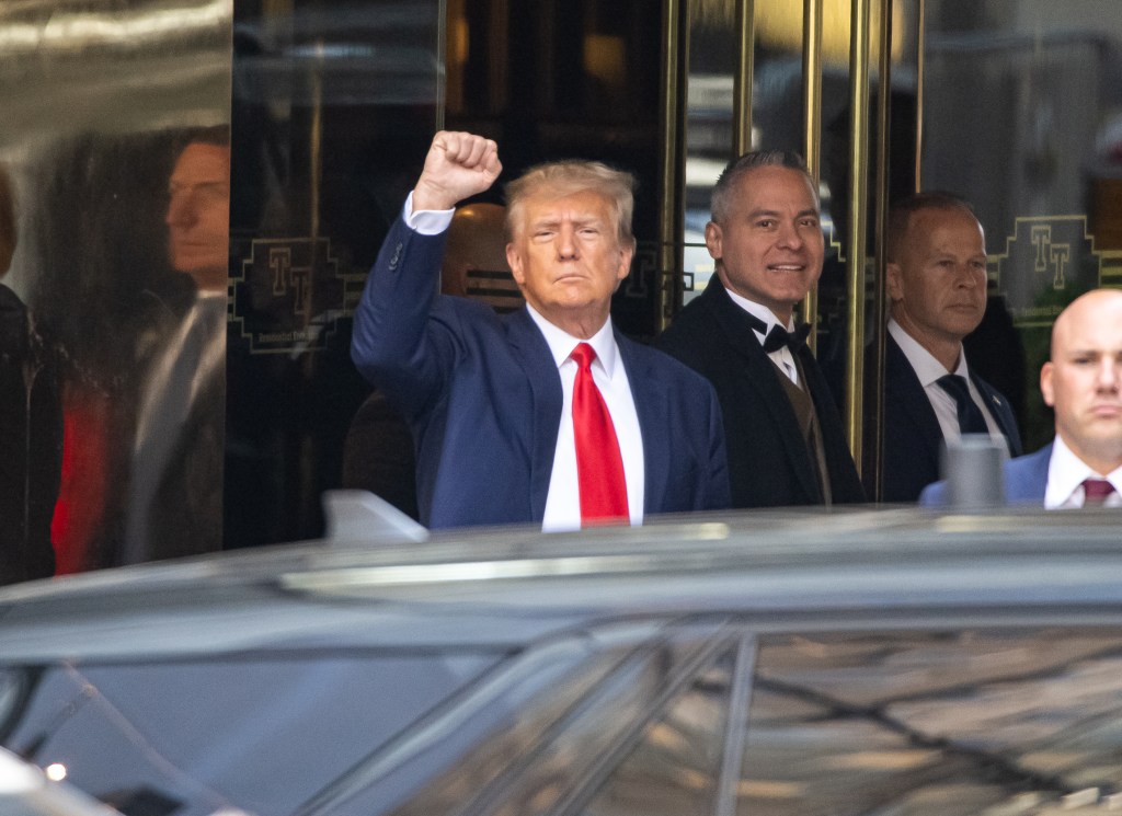 NEW YORK, NEW YORK - APRIL 04: Former US President Donald Trump exits Trump Tower to attend court for his arraignment on April 04, 2023 in New York City. (Photo by Noam Galai/GC Images)