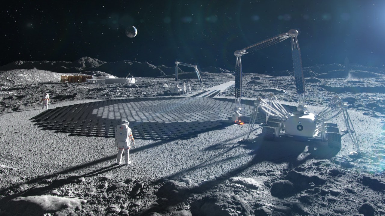 Ilustração de uma construção tecnológica na Lua