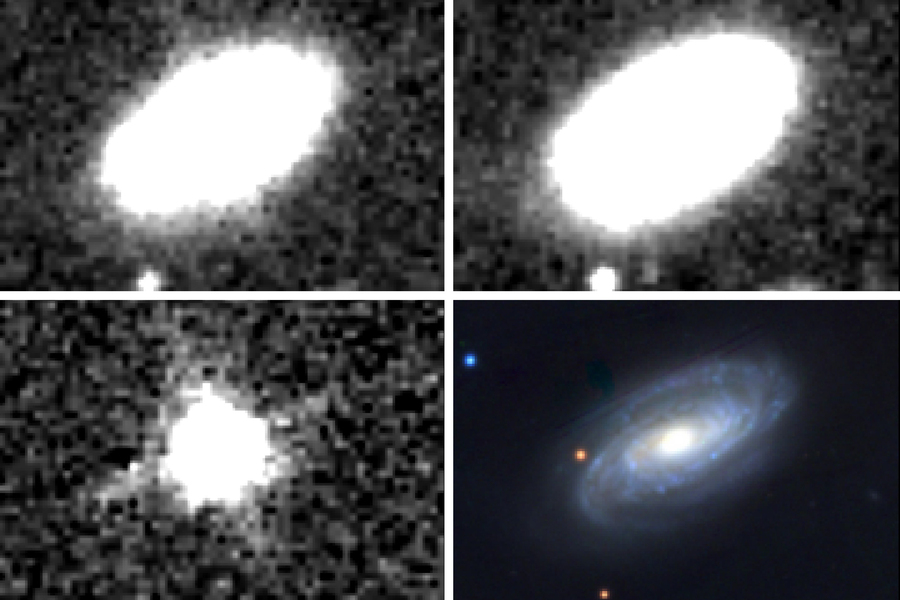 Astrônomos do MIT e de outros lugares observaram sinais infravermelhos do evento de ruptura de maré (TDE) mais próximo até o momento. Uma explosão brilhante foi detectada na galáxia NGC 7392 em 2015 (painel superior esquerdo). Observações da mesma galáxia foram feitas em 2010-2011 (canto superior direito), antes do TDE. A parte inferior esquerda mostra a diferença entre as duas primeiras imagens, representando o TDE real detectado. Para comparação, o painel inferior direito mostra a mesma galáxia na banda de onda óptica.