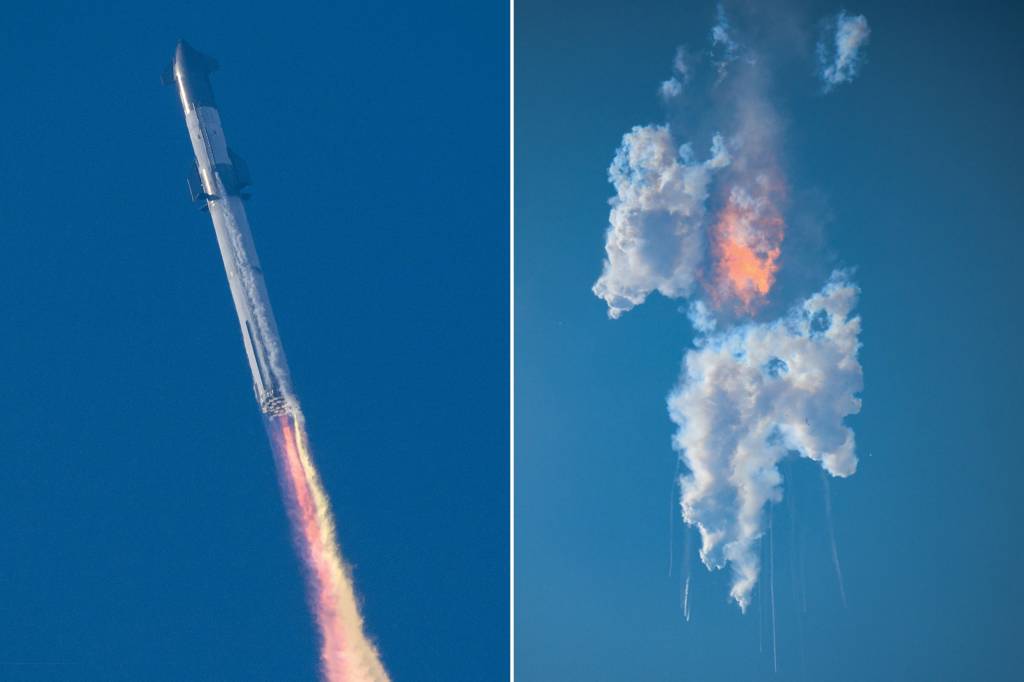 BOLA DE FOGO - O Starship em dois momentos: ao lado, logo após ser lançado, e acima, depois de explodir