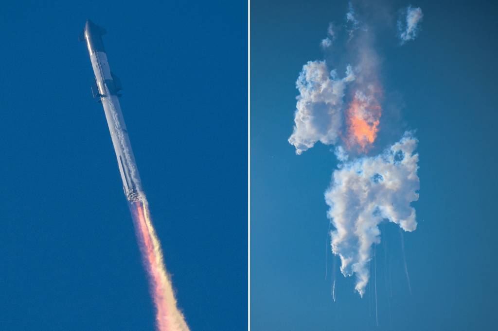 Starship BOLA DE FOGO - O Starship em dois momentos: ao lado, logo após ser lançado, e acima, depois de explodir