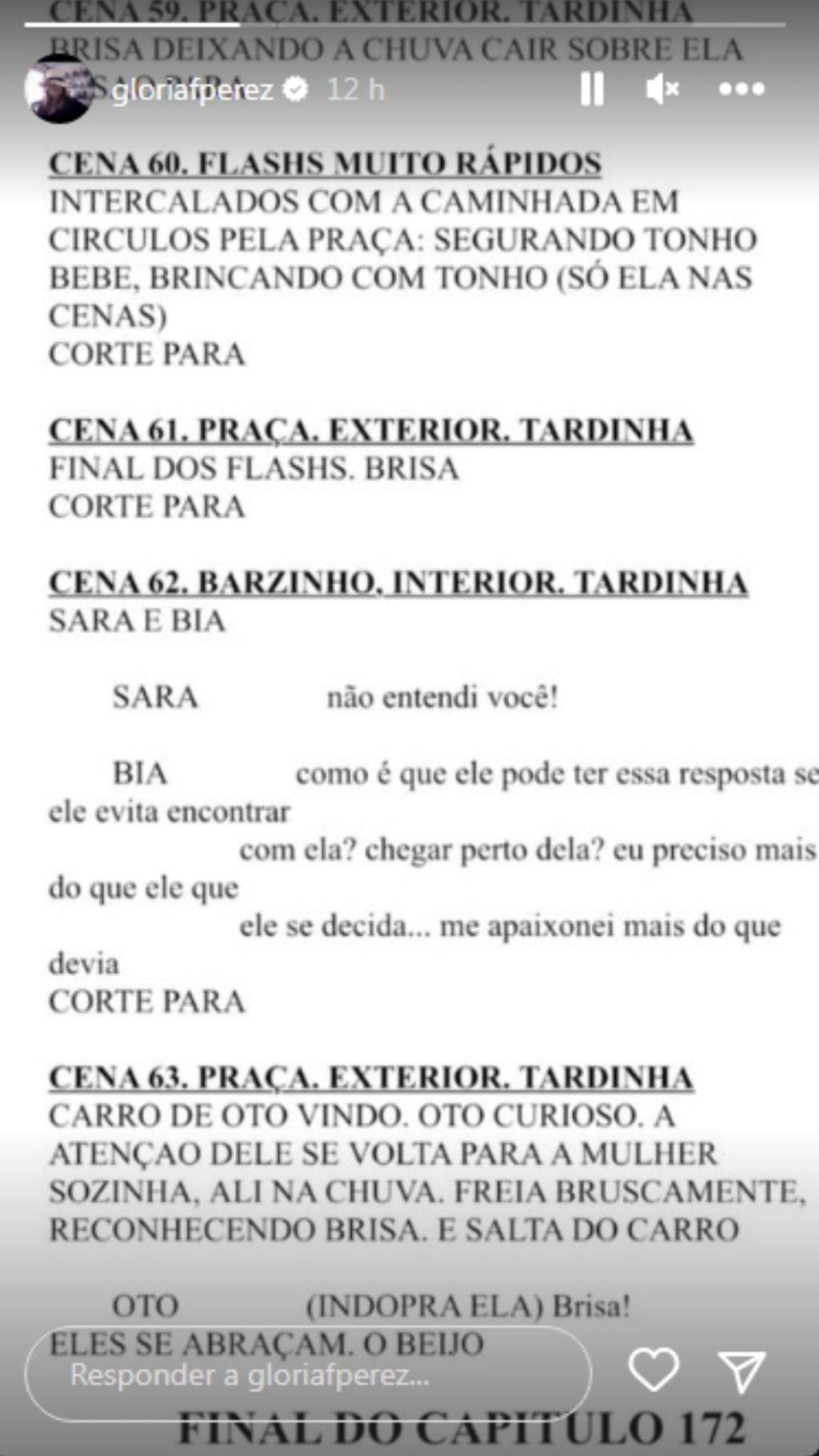 instagra-story-gloria-perez Página de roteiro de 'Travessia', publicada por Gloria Perez