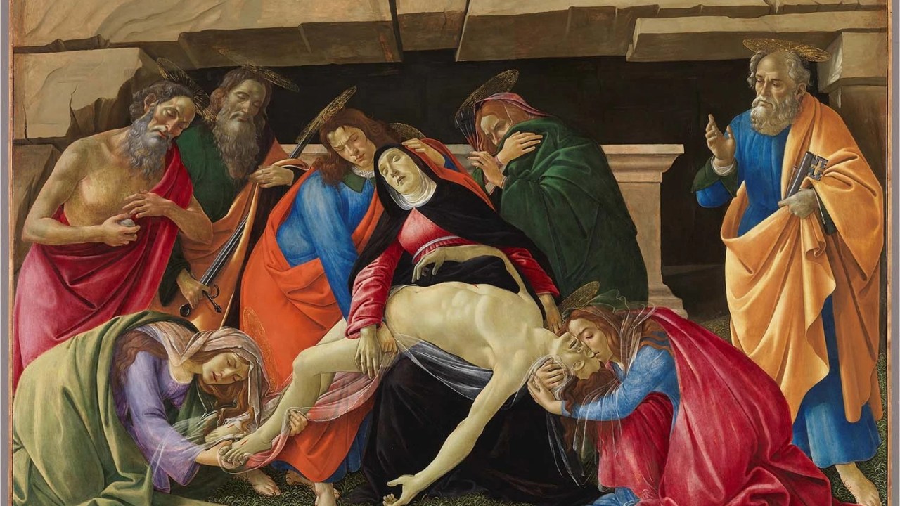 A têmpera de ovo foi utilizada por Sandro Botticelli em Lamentação Sobre o Corpo de Cristo para atingir o tom da cor da pele -