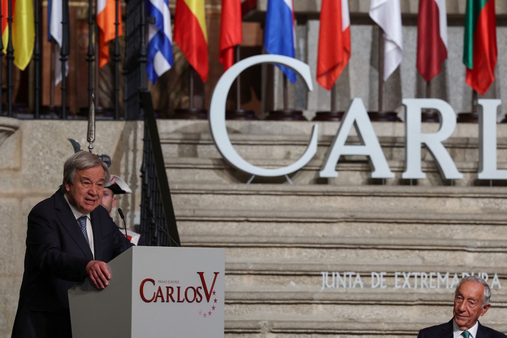 United Nations (UN) Secretary General Antonio Guterres delivers a speech after receiving the Carlos V European Award during a ceremony at the Royal Monastery of Yuste, in Cuacos de Yuste, on May 9, 2023. (Photo by Pierre-Philippe MARCOU / AFP)