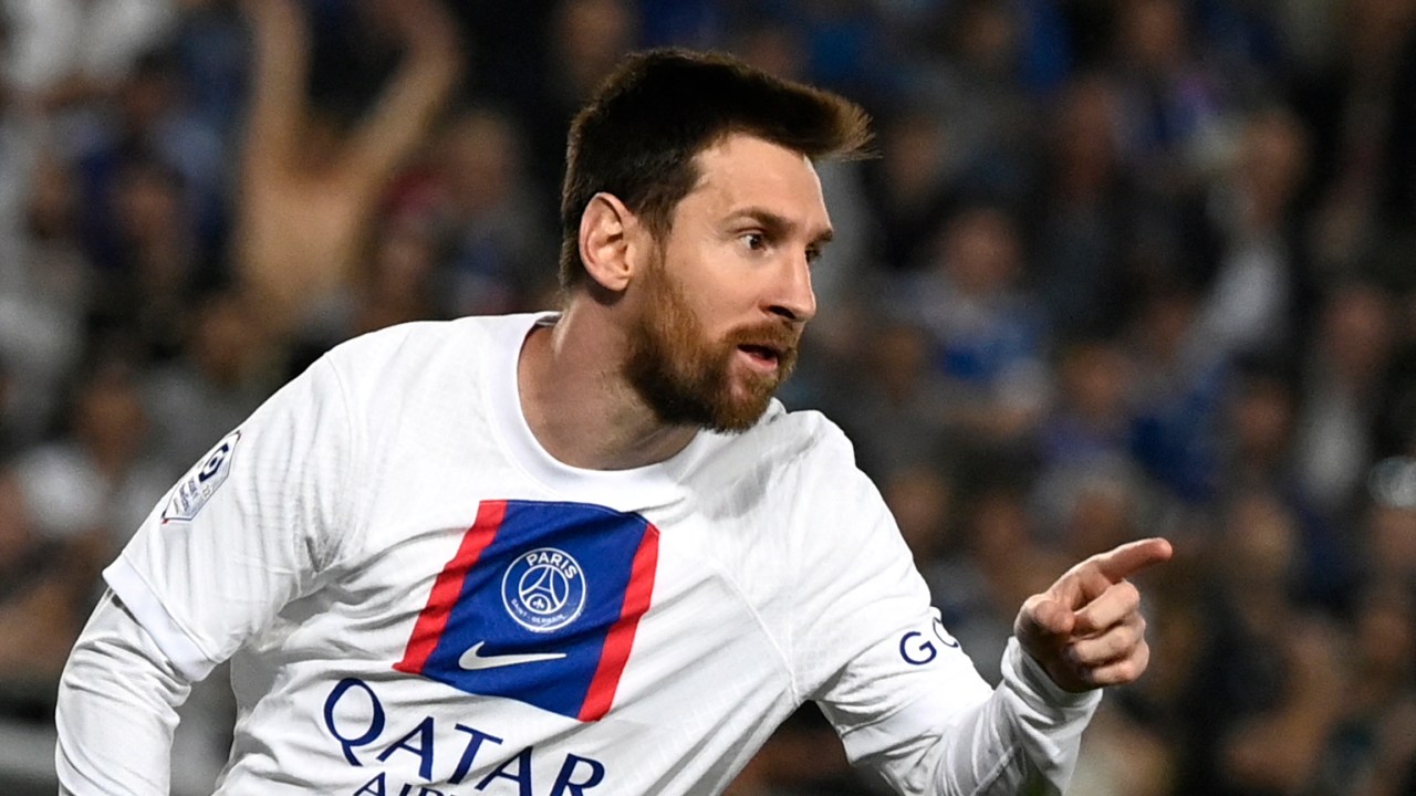 Paris Saint-Germain's Argentine forward Lionel Messi celebrates scoring his team's first goal during the French L1 football match between RC Strasbourg Alsace and Paris Saint-Germain (PSG) at Stade de la Meinau in Strasbourg, eastern France on May 27, 2023. (Photo by Jean-Christophe Verhaegen / AFP)