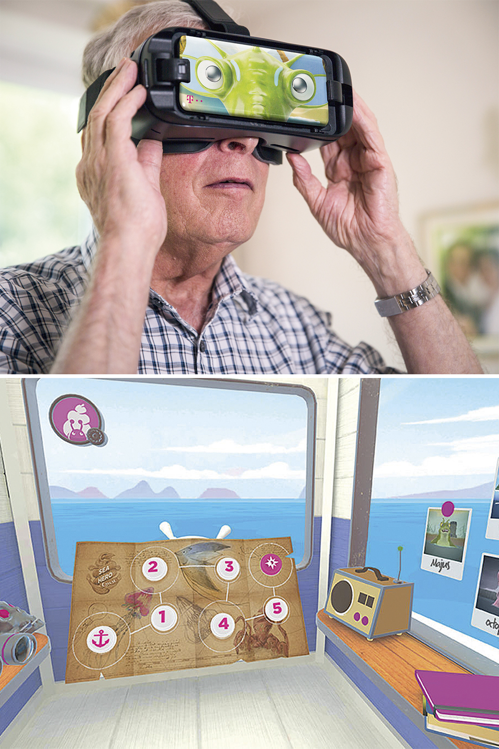 DIAGNÓSTICO - Jogador com óculos de realidade virtual (acima) navega em cena de Sea Hero Quest: o game ajudou a detectar pacientes com demência