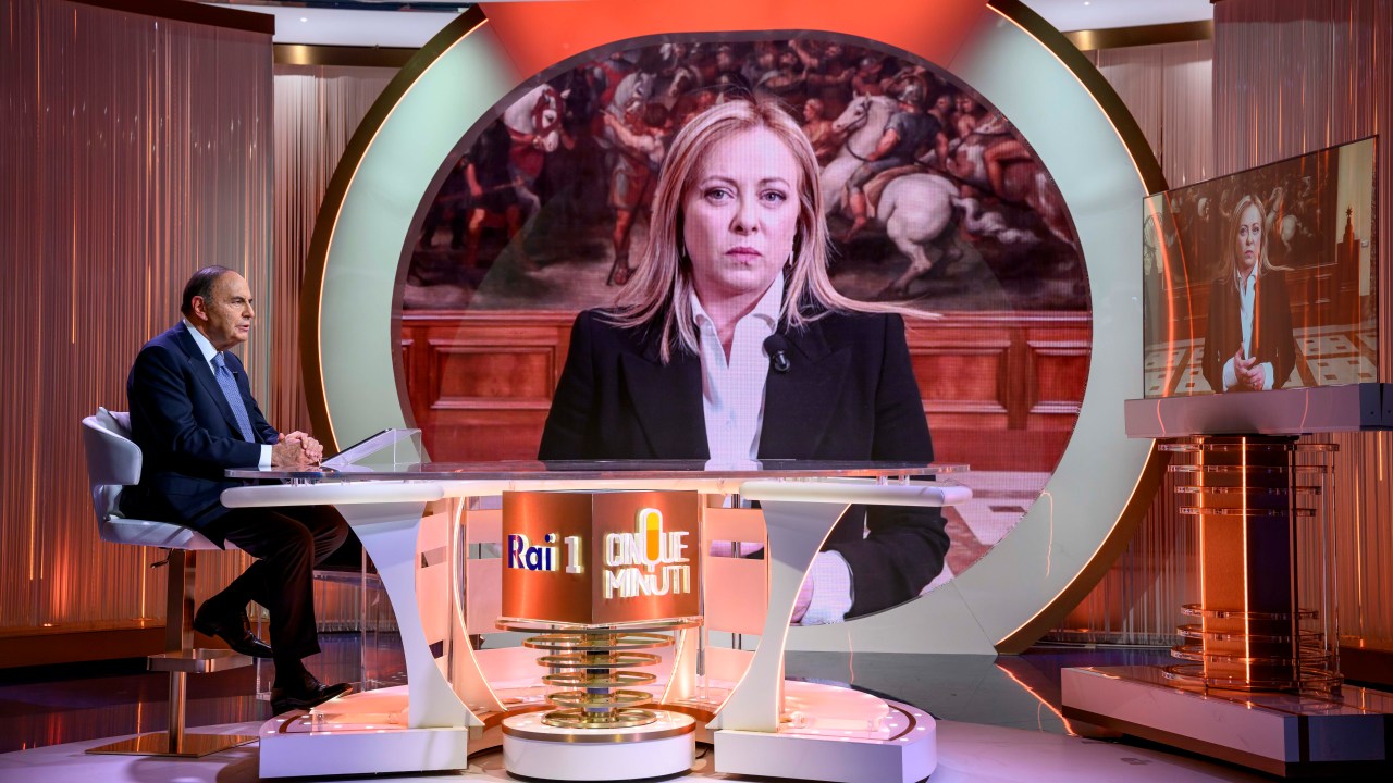 ROME, ITALY - FEBRUARY 27: Italian Prime Minister Giorgia Meloni is displayed on the screen as Bruno Vespa attends the "Cinque Minuti" tv show at Rai Studios, on February 27, 2023 in Rome, Italy. (Photo by Antonio Masiello/Getty Images)
