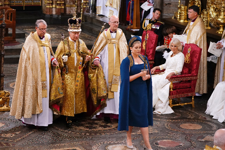Camilla, Queen Consort looks on as Penny Mordaunt leads King Charles III wearing the St Edward’s Crown during his coronation ceremony in Westminster Abbey on May 6, 2023 in London, England.