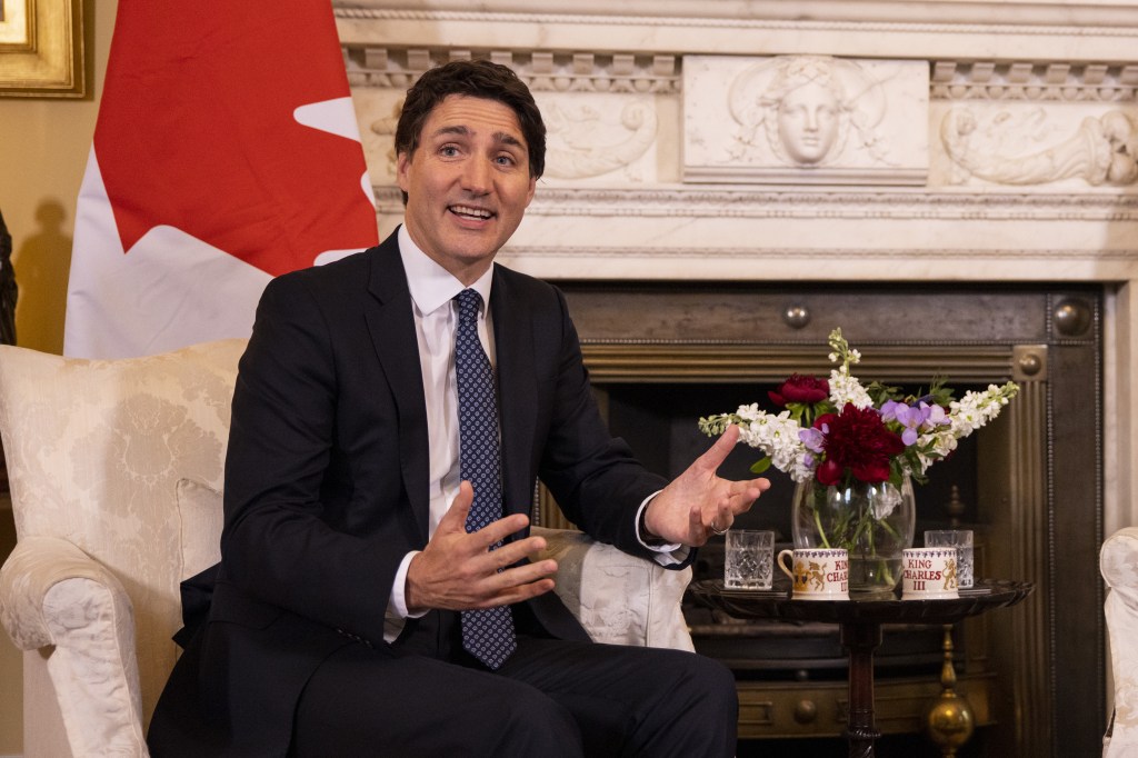 Justin Trudeau, Canada's prime minister, speaks during a meeting with Rishi Sunak, UK prime minister, not pictured, at 10 Downing Street during Trudeau's visit to attend King Charles III's coronation in London, UK, on Saturday, May 6, 2023. Sunak called the coronation a "moment of extraordinary national pride" that will be celebrated across the Commonwealth and beyond. Photographer: Tolga Akmen/EPA/Bloomberg via Getty Images