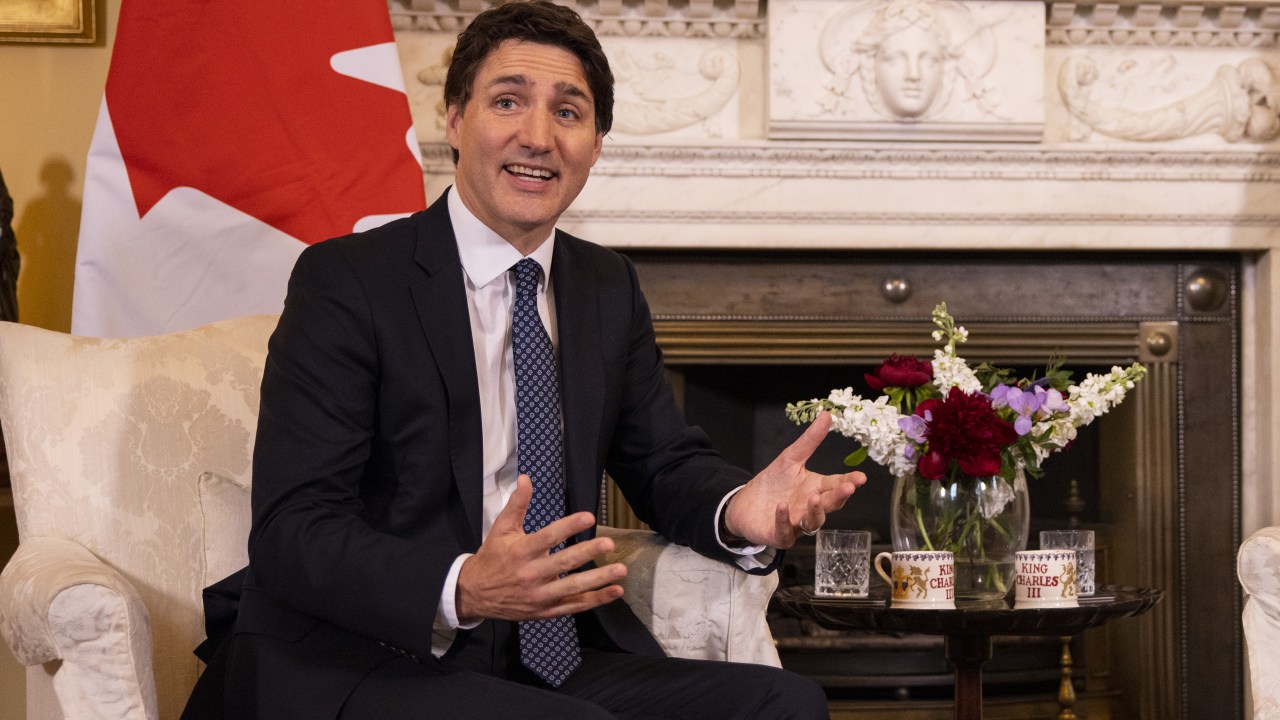Justin Trudeau, Canada's prime minister, speaks during a meeting with Rishi Sunak, UK prime minister, not pictured, at 10 Downing Street during Trudeau's visit to attend King Charles III's coronation in London, UK, on Saturday, May 6, 2023. Sunak called the coronation a "moment of extraordinary national pride" that will be celebrated across the Commonwealth and beyond. Photographer: Tolga Akmen/EPA/Bloomberg via Getty Images