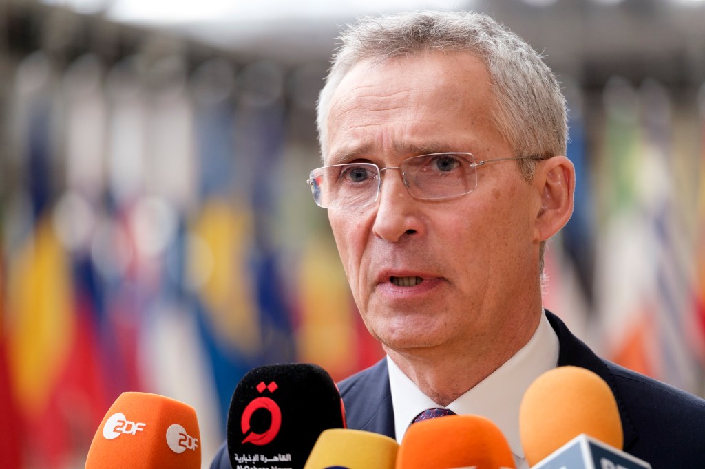 BRUSSELS, BELGIUM - MAY 23: Secretary General of NATO Jens Stoltenberg talks to media prior an EU Foreign Affairs (Defence) Council Meeting on May 23, 2023 in Brussels, Belgium. Today, ministers Ministers will talk about the EU support to Ukraine, prior to Informal lunch with the NATO Secretary General. (Photo by Thierry Monasse/Getty Images)
