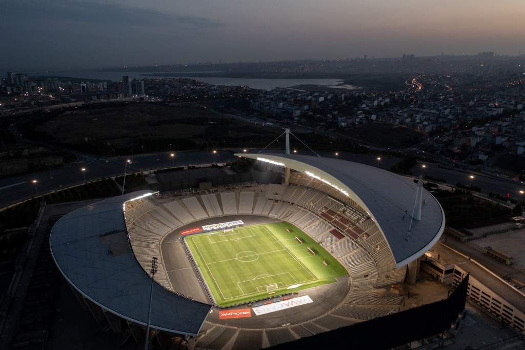 ISTANBUL, Turkiye - AUGUST 29: This aerial view shot with a drone shows a general view of the venue at Ataturk Olympic Stadium on August 29, 2022 in Istanbul, Turkiye. The Ataturk Olympic Stadium is the venue of the 2023 UEFA Champions League Final which takes place on June 10th, 2023 (Photo by Burak Kara - UEFA/UEFA via Getty Images)