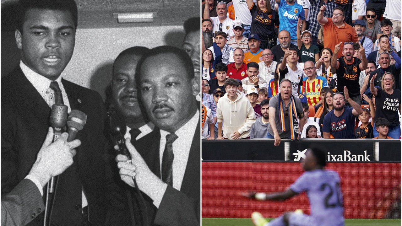 CORAGEM - A agressão ao jogador em Valência (à dir.) e Muhammad Ali, ao lado de Luther King: é preciso ser antirracista