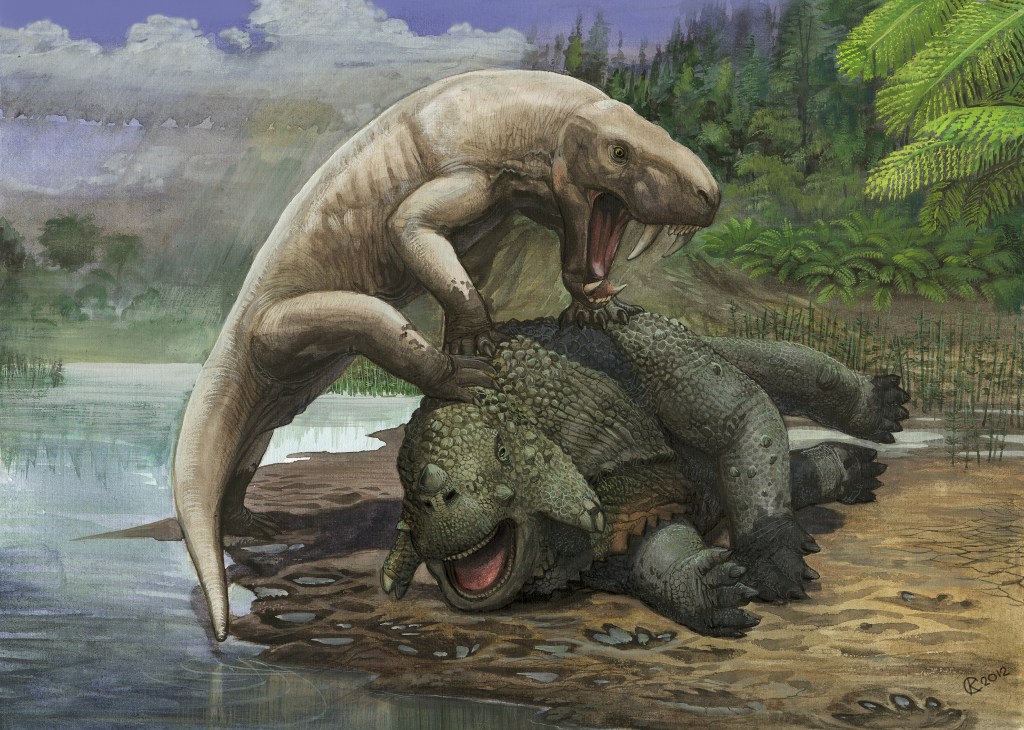 Inostrancevia atacando um Scutosaurus em período pré-histórico
