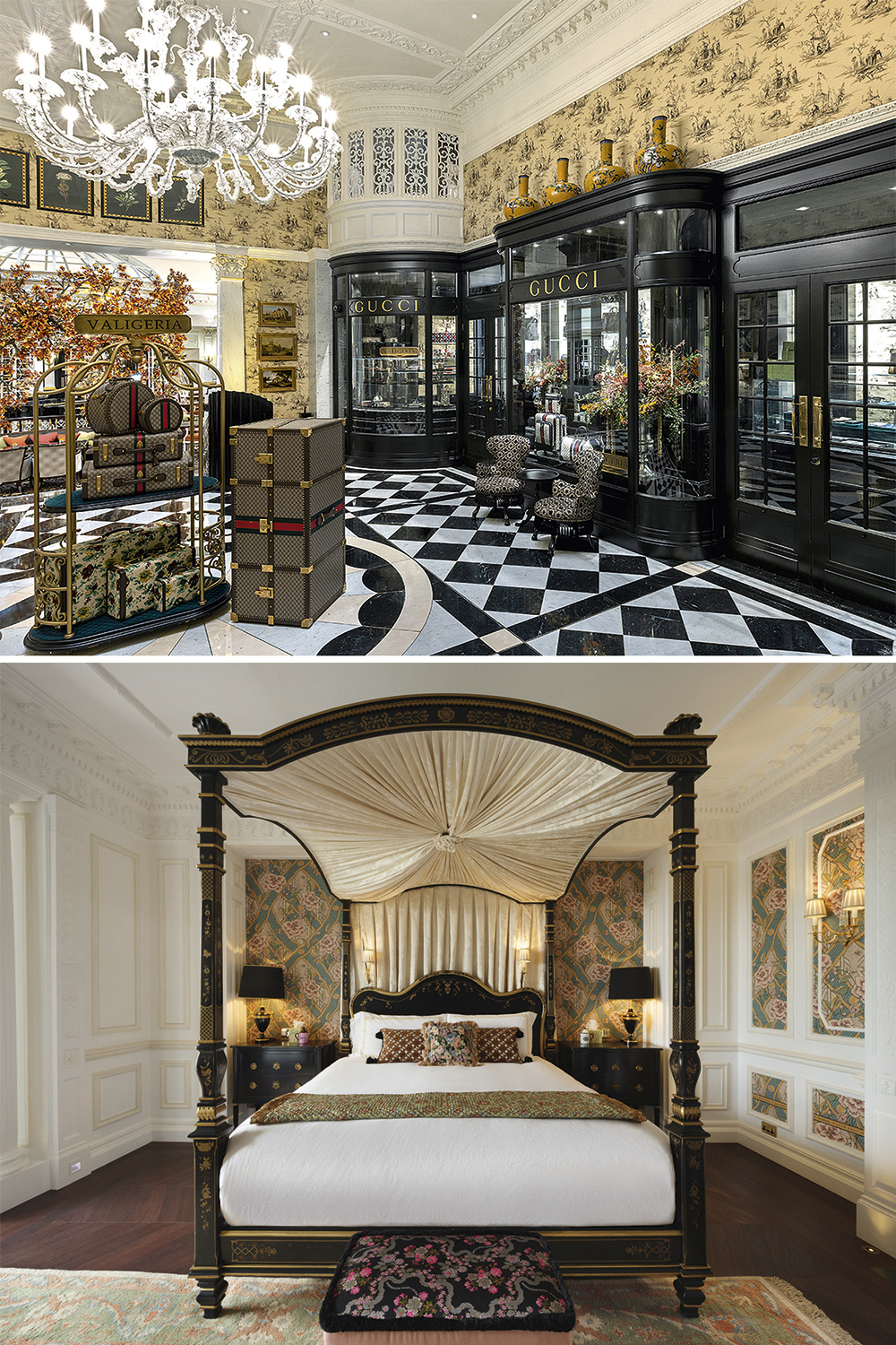 GUCCI - A grife italiana decora uma suíte de um dos mais tradicionais hotéis de Londres, o Savoy. O suntuoso quarto tem móveis, acessórios e objetos decorativos da marca.