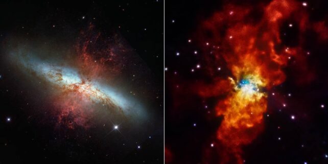 Fotomontagem: à direita, uma visão da galáxia Messier 82 em luz visível; à esquerda em luzes de raios-X -