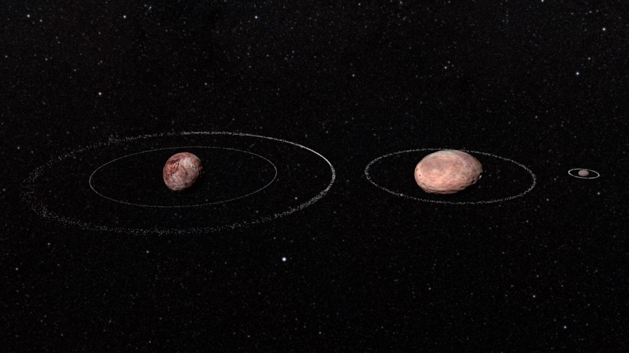 Representação artística de Quaoar com seus dois aneis e dois outros asteroides anelados do sistema solar