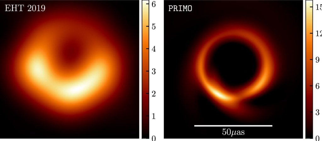 Cientistas Espaciais tem usado Inteligência Artificial para ampliar o que conhecemos sobre o Espaço. Primeira imagem de Buraco Negro, exibida em 2019, foi melhorada com o auxílio de IA. A primeira imagem de 2019, que agora mostra o buraco negro no centro da galáxia M87 mais escuro e maior do que a primeira imagem retratada -