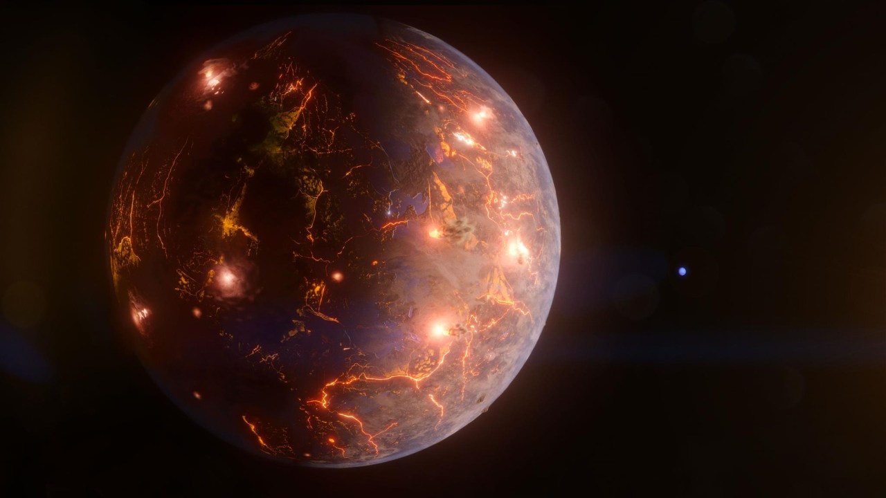 Impressão artística de LP 791-18 d, um exoplaneta com intensa atividade vulcânica que orbita uma anã-vermelha a 90 anos-luz da Terra