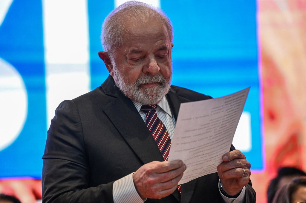 Brazilian President Luiz Inacio Lula da Silva gestures during the inauguration of the building for Scientific Research and Technological Innovation Laboratories, located at the campus of the Federal University of ABC (UFABC) in Sao Bernardo do Campo, Sao Paulo state, Brazil on June 2, 2023. (Photo by NELSON ALMEIDA / AFP)